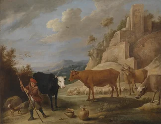 Un pastore con il suo gregge in un paesaggio con rovine